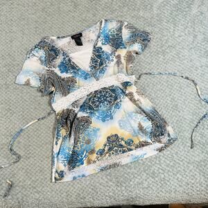 vintage y2k blue/cream lacy cap sleeve babydoll coquette short slv blouse m